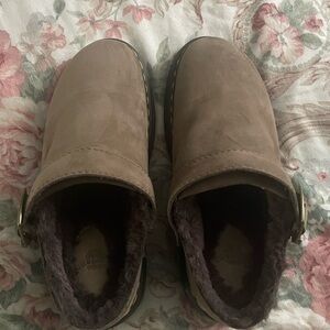 Doc Martens Nubuck Fur-Lined Slip-On Clogs in Taupe